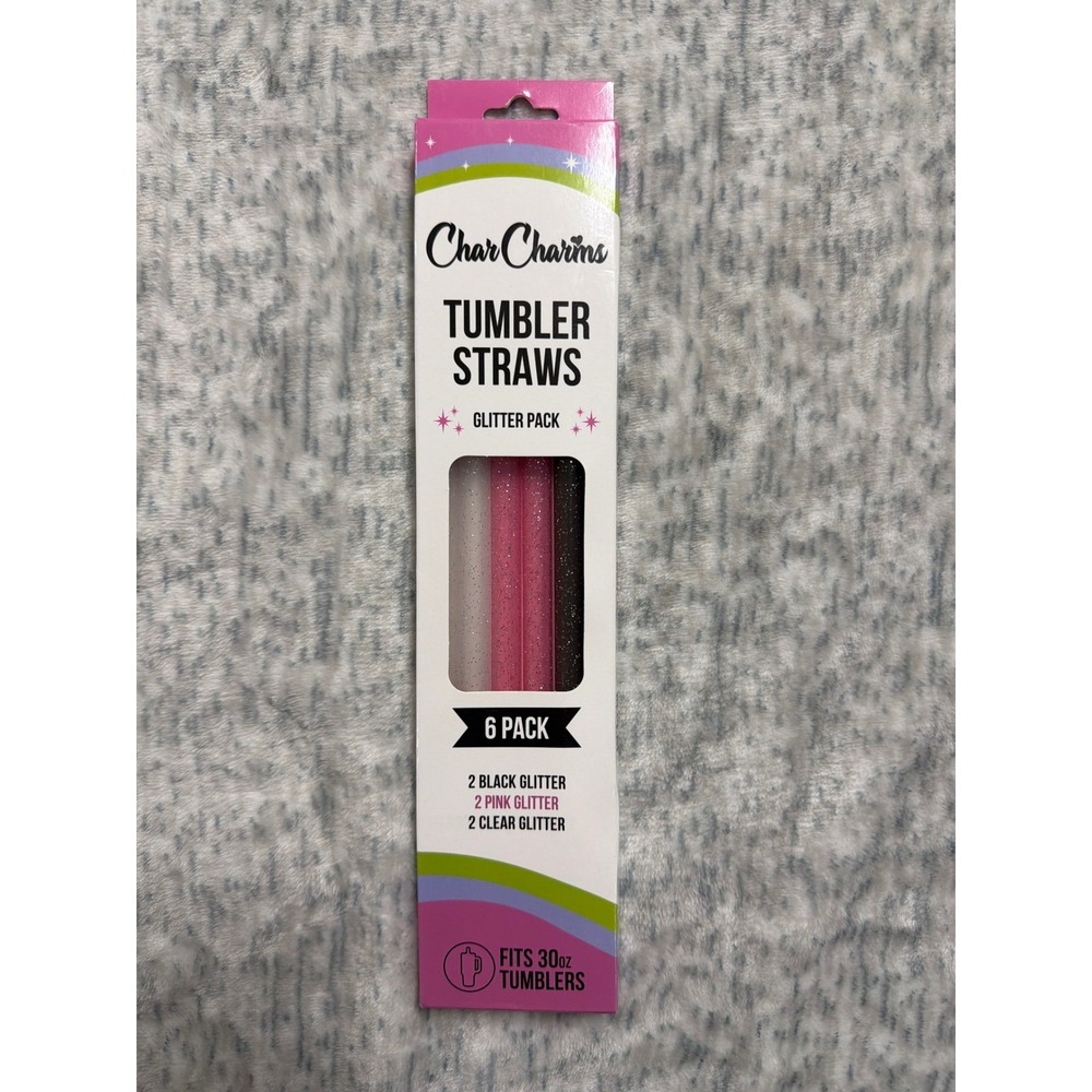 CharCharms Tumbler Straws 6 Pack Glitter Black Pink Clear Fits 30oz Reusable BPA